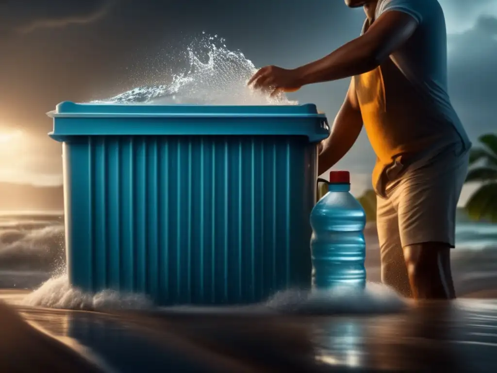 A cinematic style image of a homeowner safeguarding during a hurricane with a sturdy water container, droplets falling off, emphasizing the need for preparedness