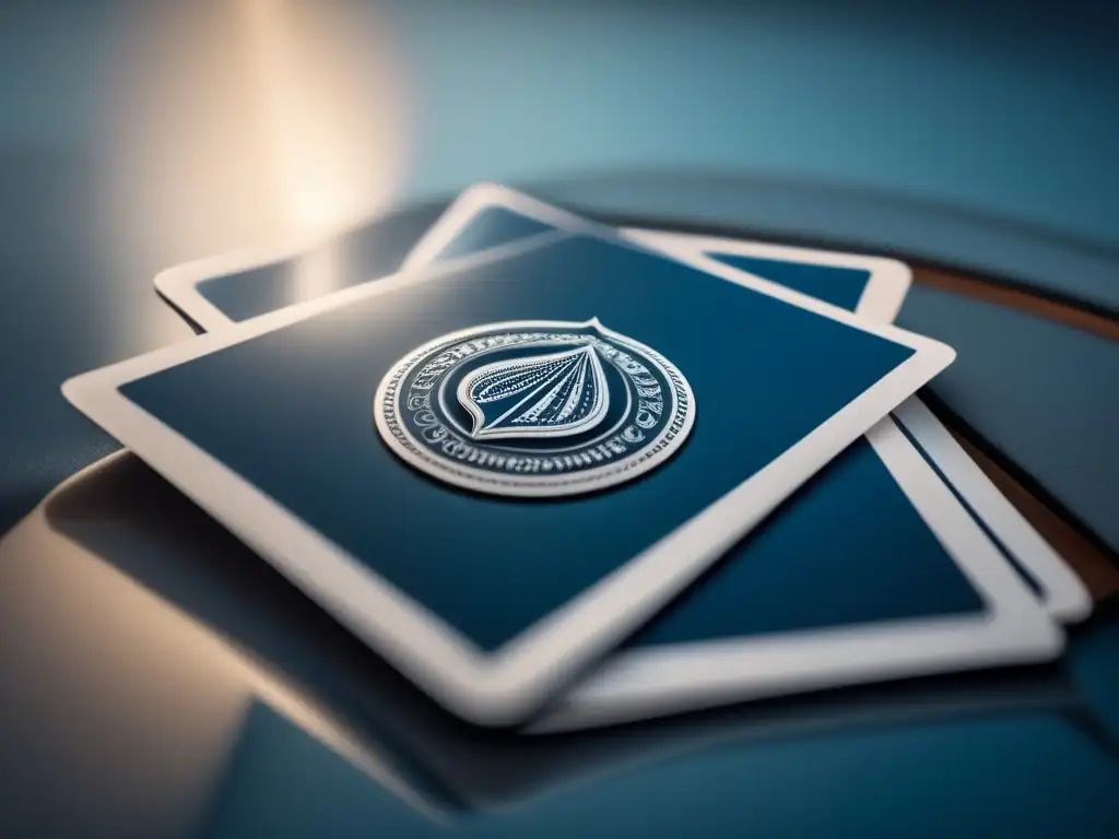 A serene image of a deck of cards, the waterproof emblem highlighted against the deep blue background