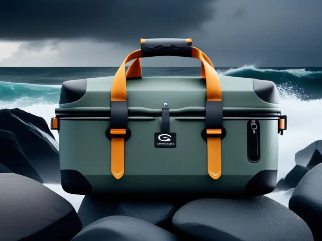 A cinematic style image of a locking waterproof bag, taut against the elements on jagged rocks overlooking a stormy ocean