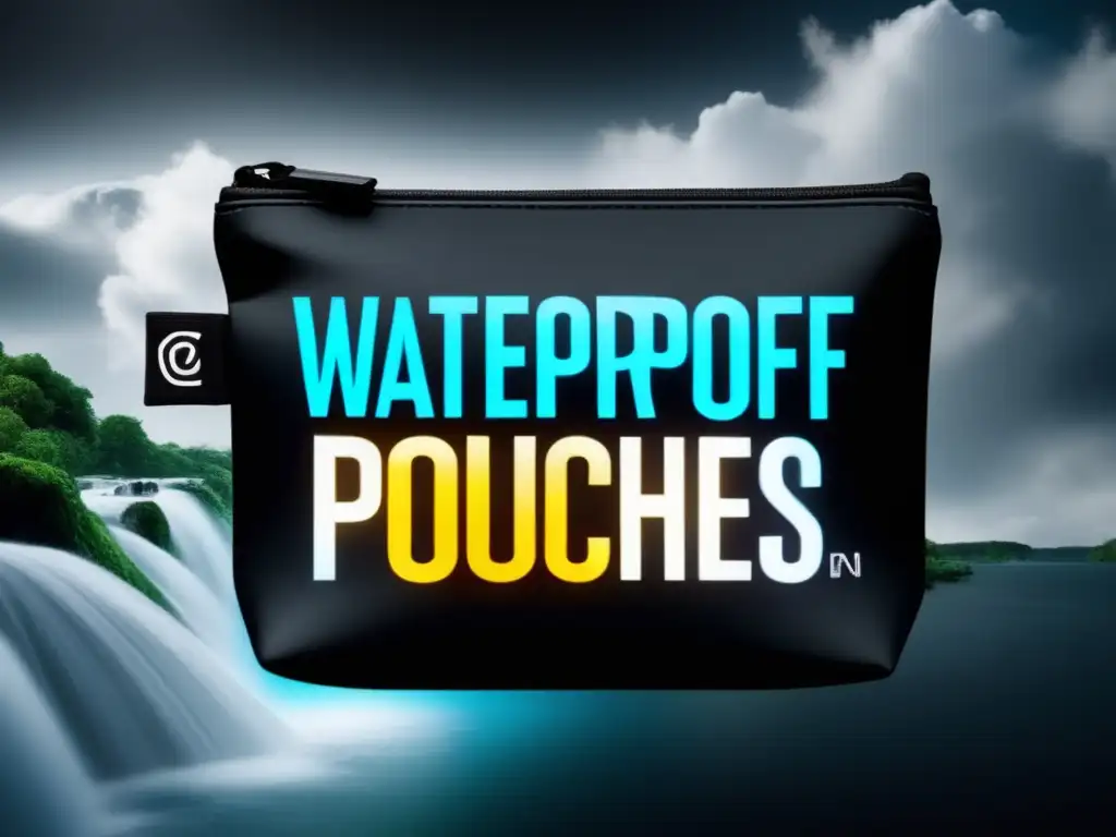 A dramatic image of waterproof pouches for electronics, set against a dynamic natural background of waterfalls, waves, and clouds