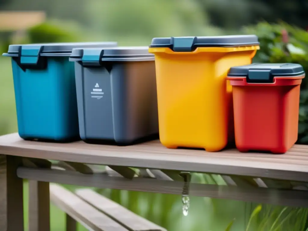 Showcasing a diverse lineup of waterproof storage containers in an outdoor setting, ranging from sleek rectangular boxes to sturdy transparent tubs