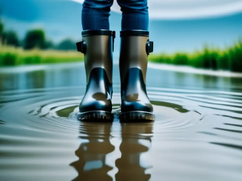 A person stands wade deep in water, waterproof boots their only defense from flood damage