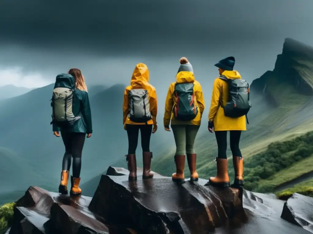 This stunning photo shows a group of adventurous individuals standing tall on top of a rocky mountain during a fierce rainstorm