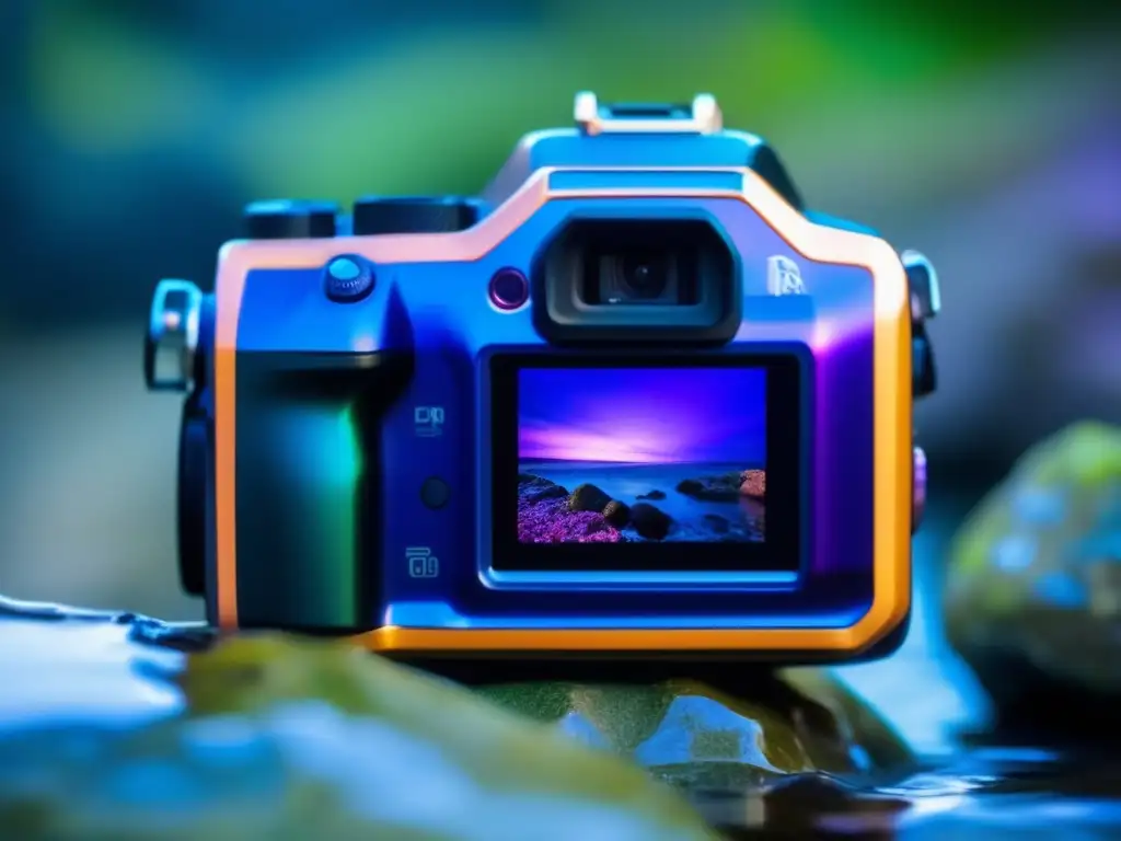 A waterproof camera, shielded by metal casing and rubber seals, sits on a rock amidst the rain