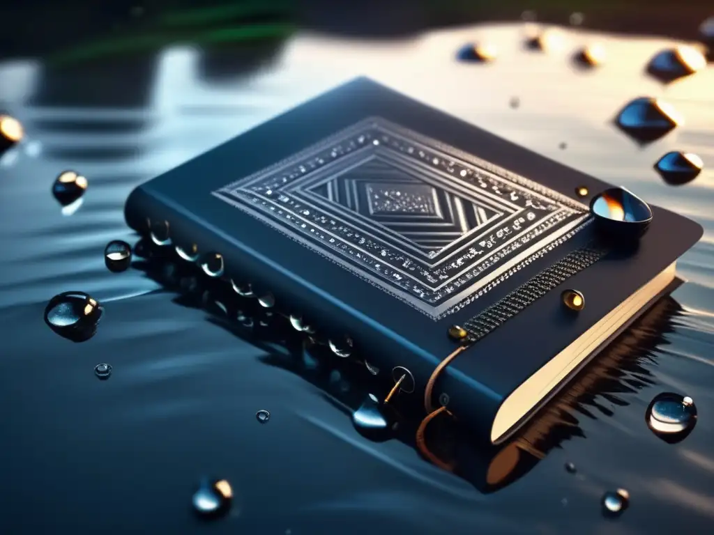 A breathtaking cinematic shot of a waterproof notebook, submerged in a sea of sparkling water droplets, showcasing abstract case covers that exude creativity and style