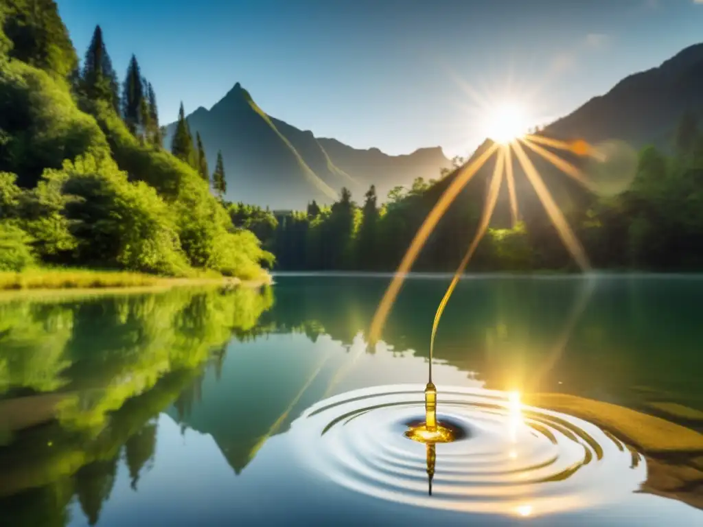 A water purification straw in a serene lake surrounded by lush green trees and towering mountains