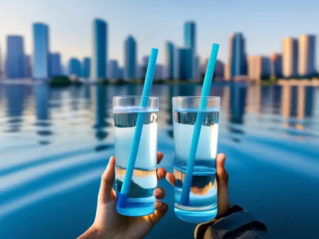 A person skillfully holds two water purification straws, dangling in a clear, blue body of water with waves creating a peaceful atmosphere