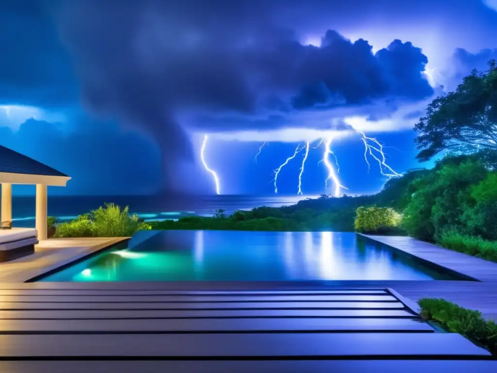 Amidst a tranquil pool, a waterspout spirals, illuminated by lightning strikes