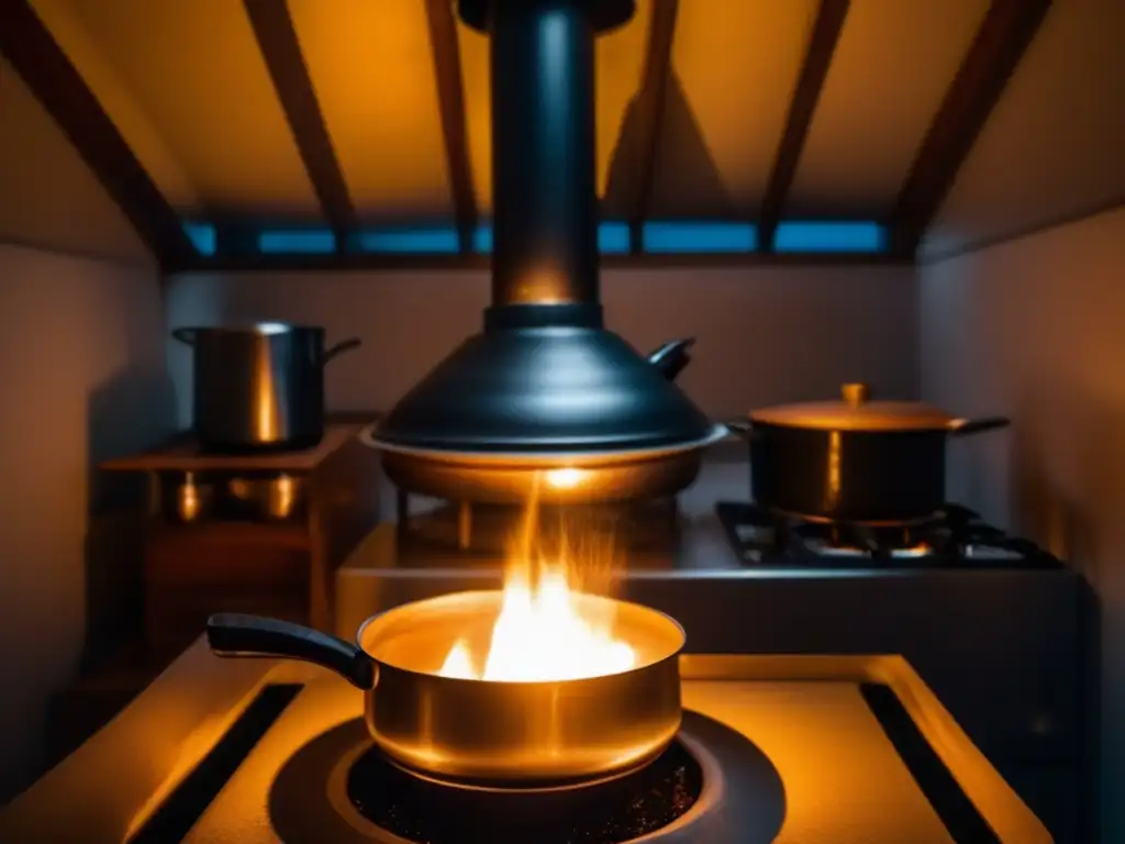 A warm and comforting scene amidst a disaster: A water stove glows in a dimly lit room with rain pelting the windows