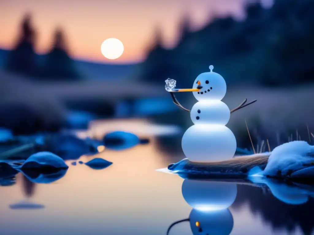 A stunning water snowman emerges from a stream under the full moon, holding a sleek & modern water purification straw