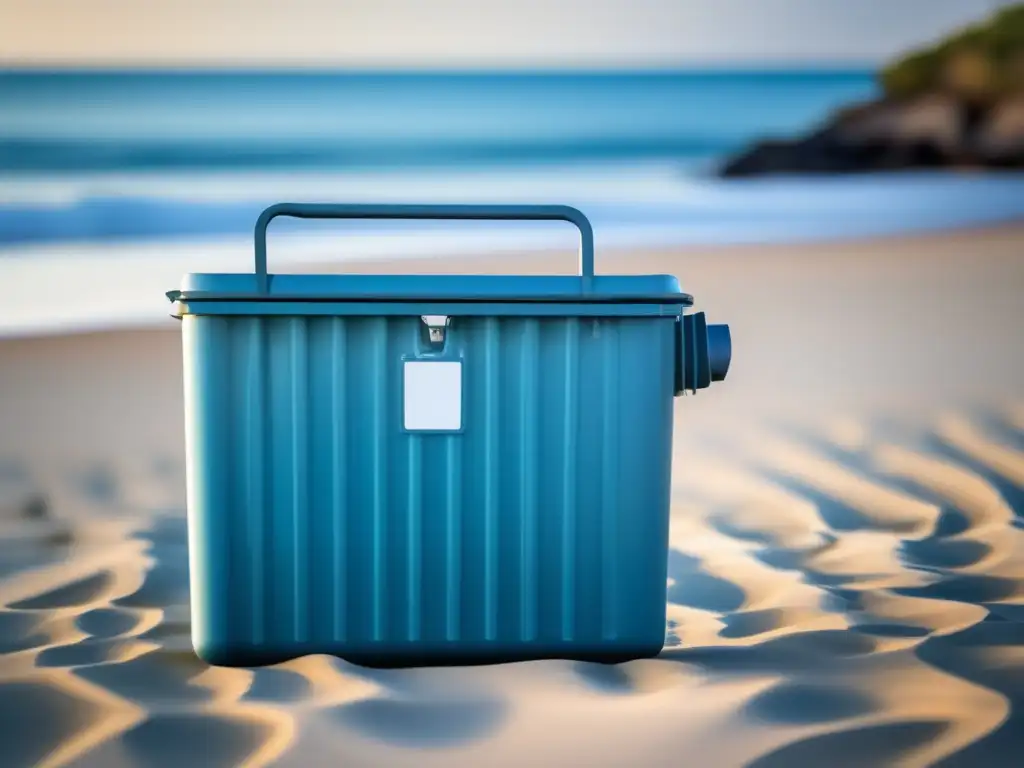 Dash! A breathtaking image of a water storage container on a serene beach, with rolling waves and a clear blue sky above