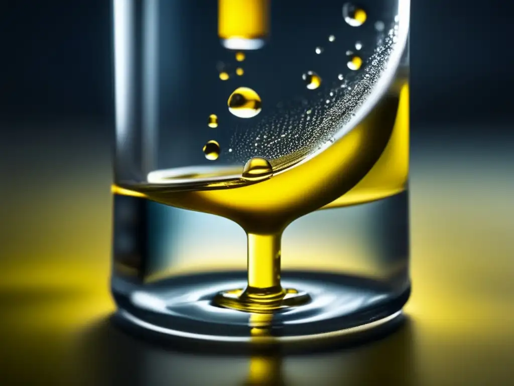 A suspenseful closeup of chlorine testing water: A yellow chlorine tablet dissolving into water droplets falling into a test tube