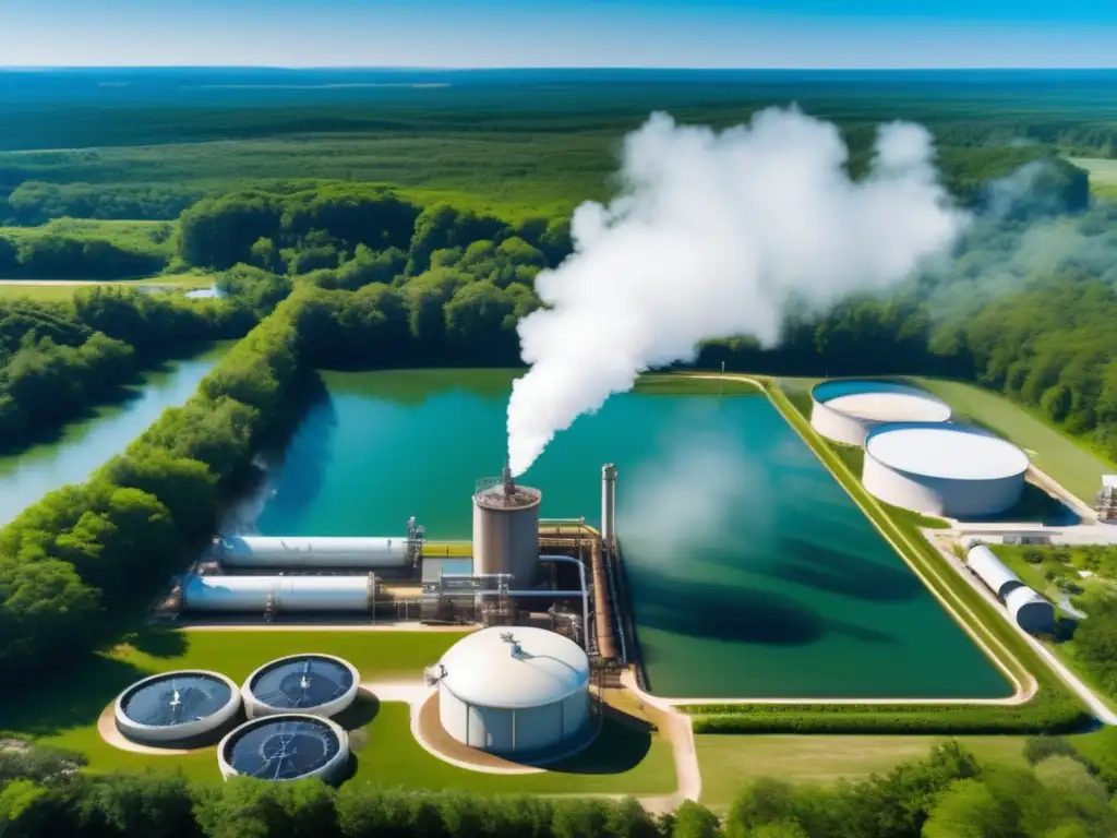 A breathtaking aerial shot of a water treatment plant surrounded by lush greenery and a clear blue sky