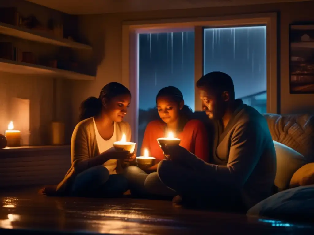 A desperate family huddles in their small apartment as the storm rages outside