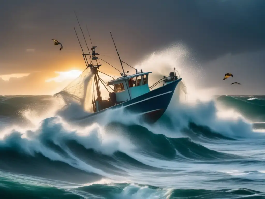 A fiery orange sun sinks below the horizon as a fishing boat battles towering waves and gusts of wind, drenched by a tropical storm