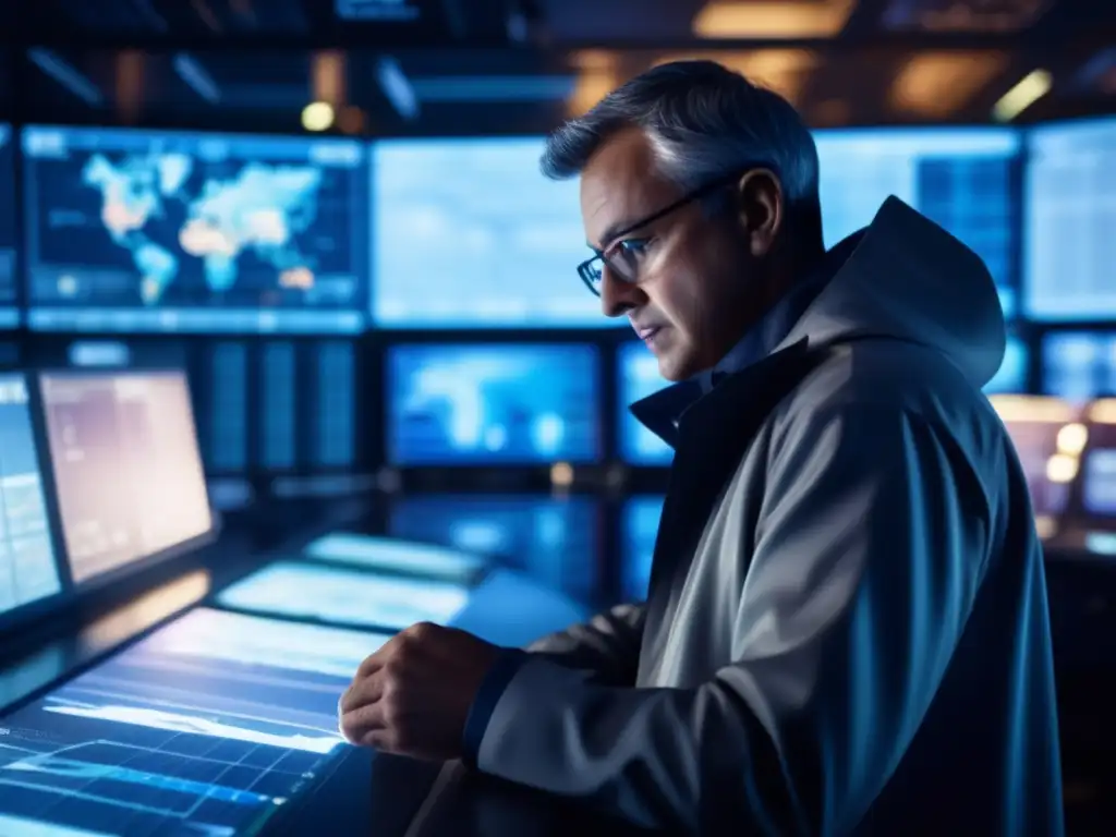 An intently focused weather forecaster examines a complex weather map in a dimly lit control room, surrounded by screens displaying various data and satellite imagery