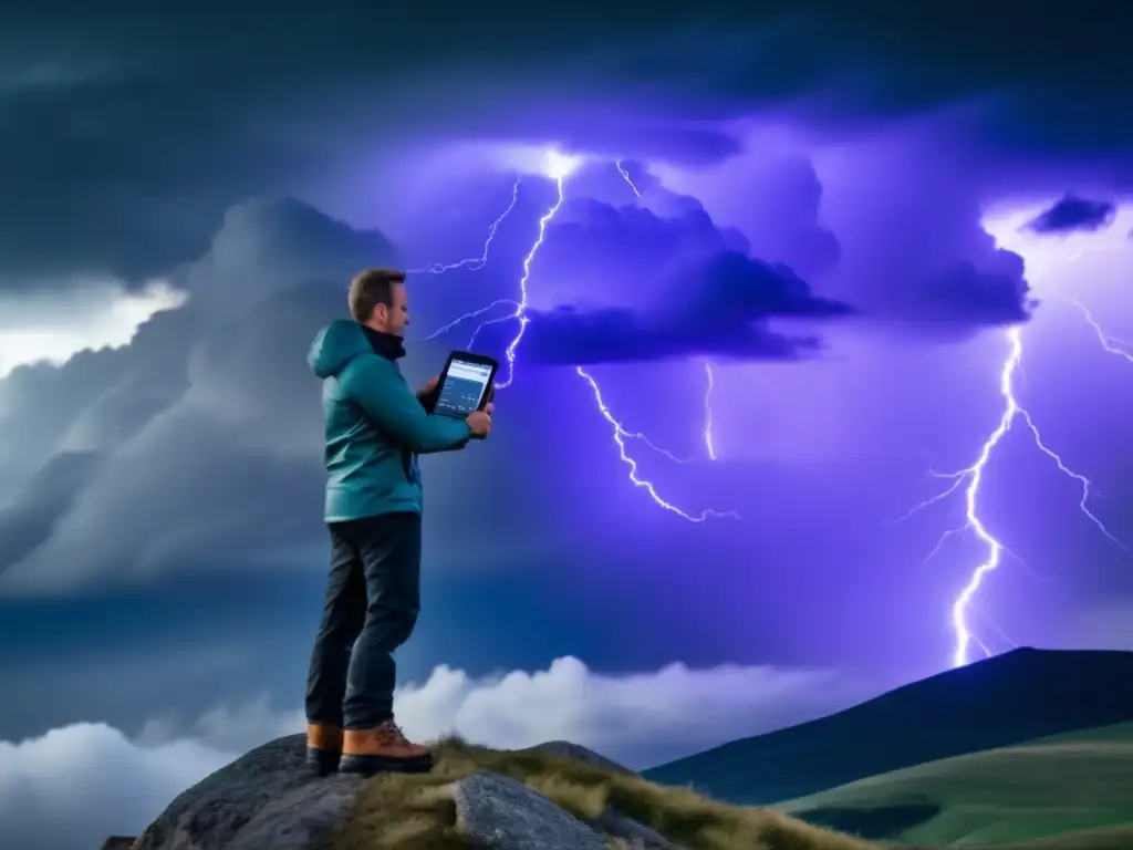 A captivating image of a lone figure standing atop a mountain peak, armed with a state-of-the-art weather forecaster to navigate the tempestuous sky