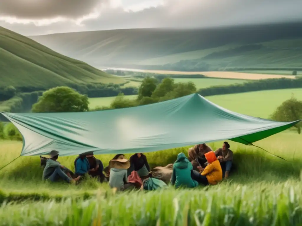 A group of friends enjoying the sunshine under a colorful tarp in a serene rural setting