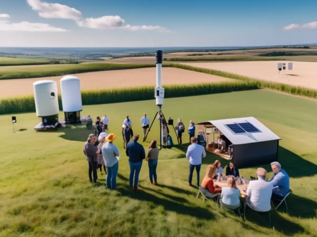 A group of people gathered in a field on a sunny day, discussing the features and benefits of their portable weather stations