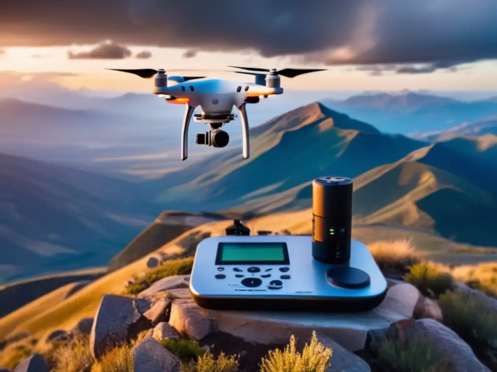 Portable Weather Station atop mountain peak during sunset, drone captures stunning aerial views