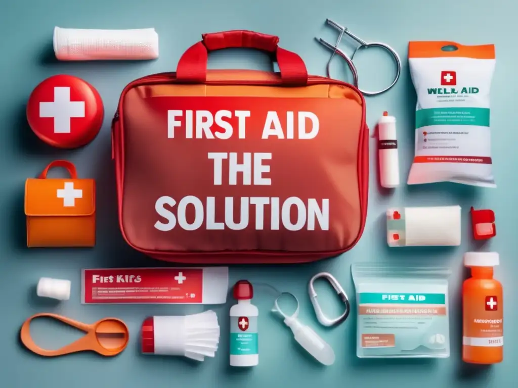 A vivid cinematic image of a wellstocked first aid kit, surrounded by medical supplies and equipment, with a bold orange and white bag design