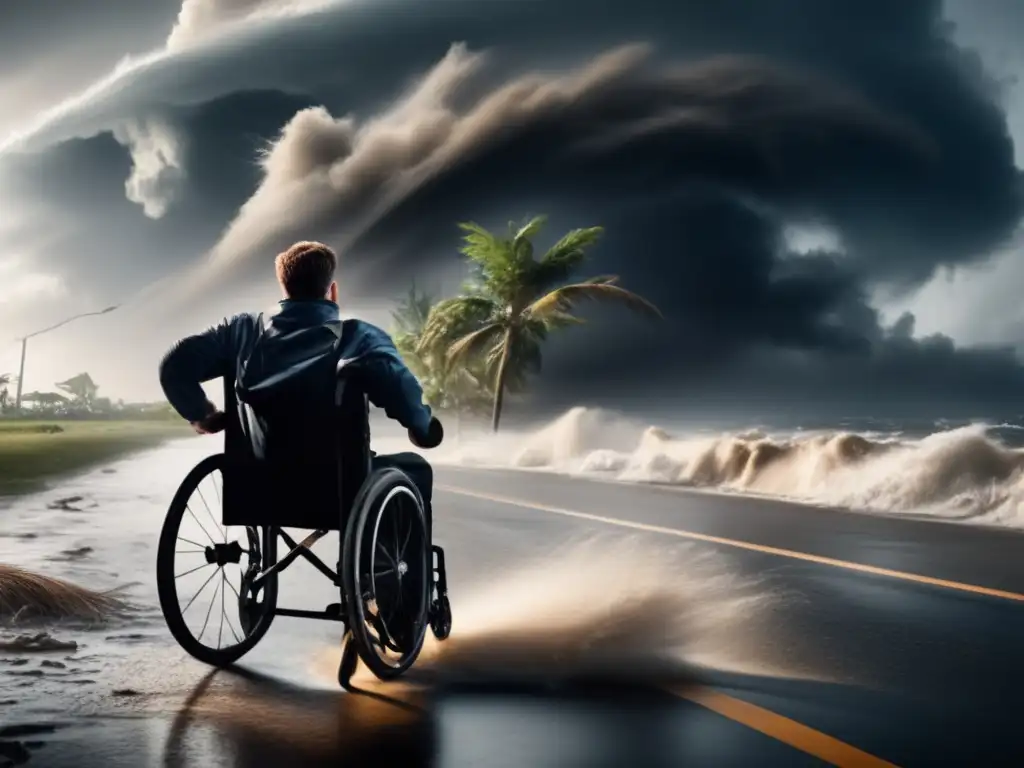 Here's an elderly person in a wheelchair, navigating high winds and debris during a hurricane