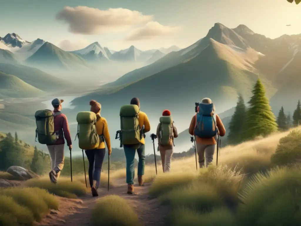 A stunning group of nature lovers hike through the vibrant wilderness, each with a pair of binoculars around their necks