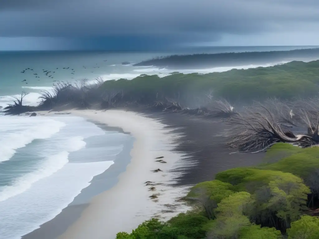 A flock of ruffled birds perched on a branch, symbolizing the impact of a hurricane on wildlife