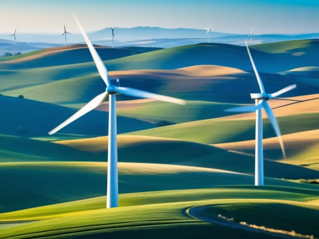 Spectacular cinematic style image of a wind turbine array in open landscape, symbolizing progress and sustainability