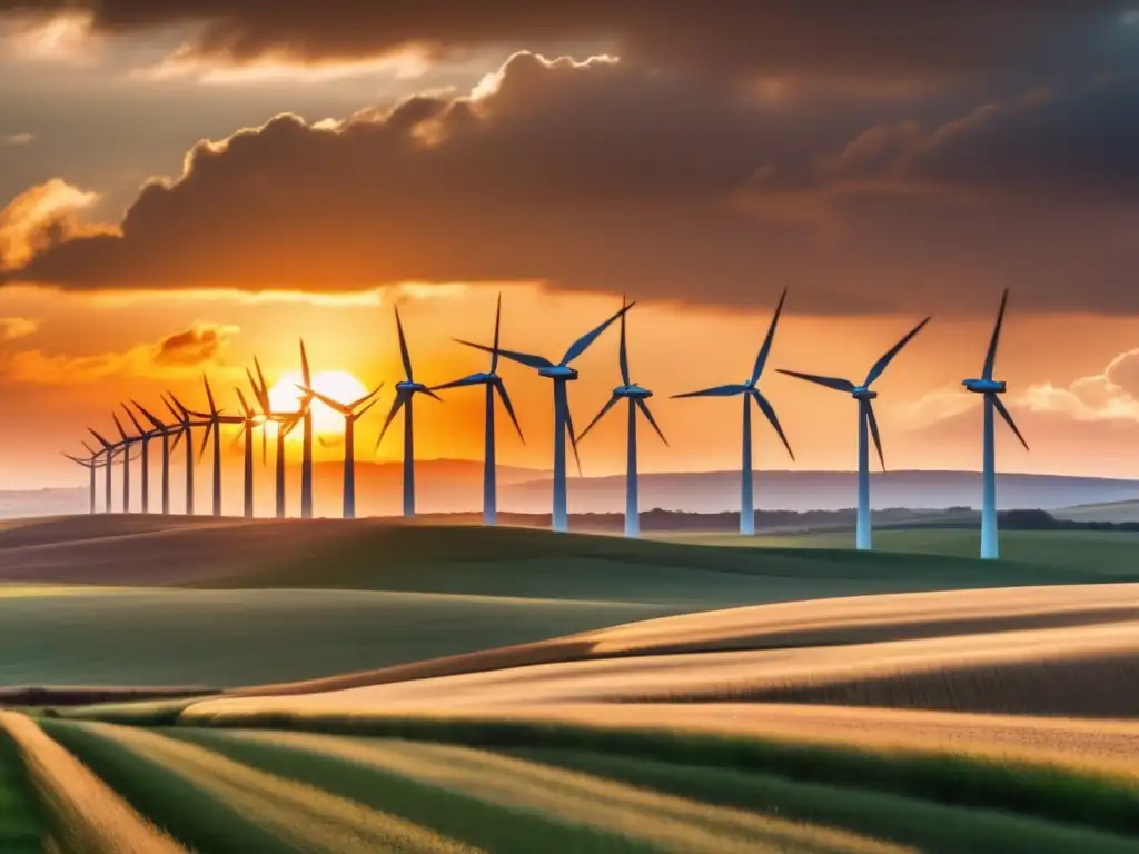 The image captures a breathtaking moment as the sun sets over a vast open field, surrounded by rolling hills and billowing clouds