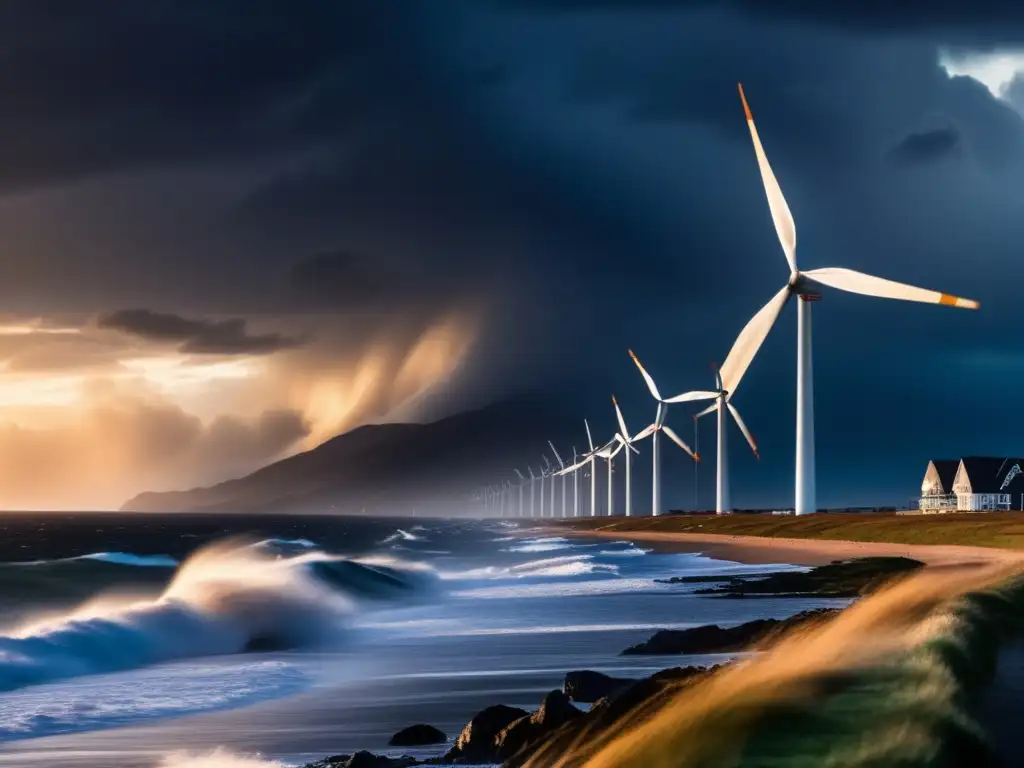 A captivating image of a hurricane approaching a coastal town, with wind turbines standing tall and strong in the foreground