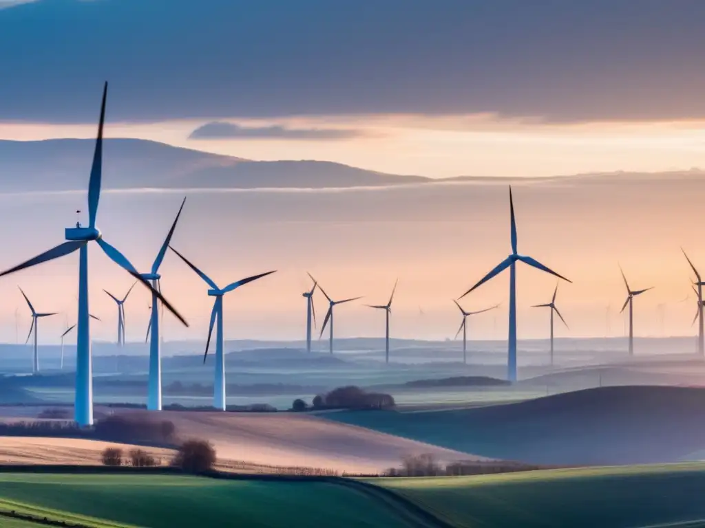 The wind turbines dance in the background of the panoramic earth landscape view, connected by tangled transmission lines reaching towards the sky