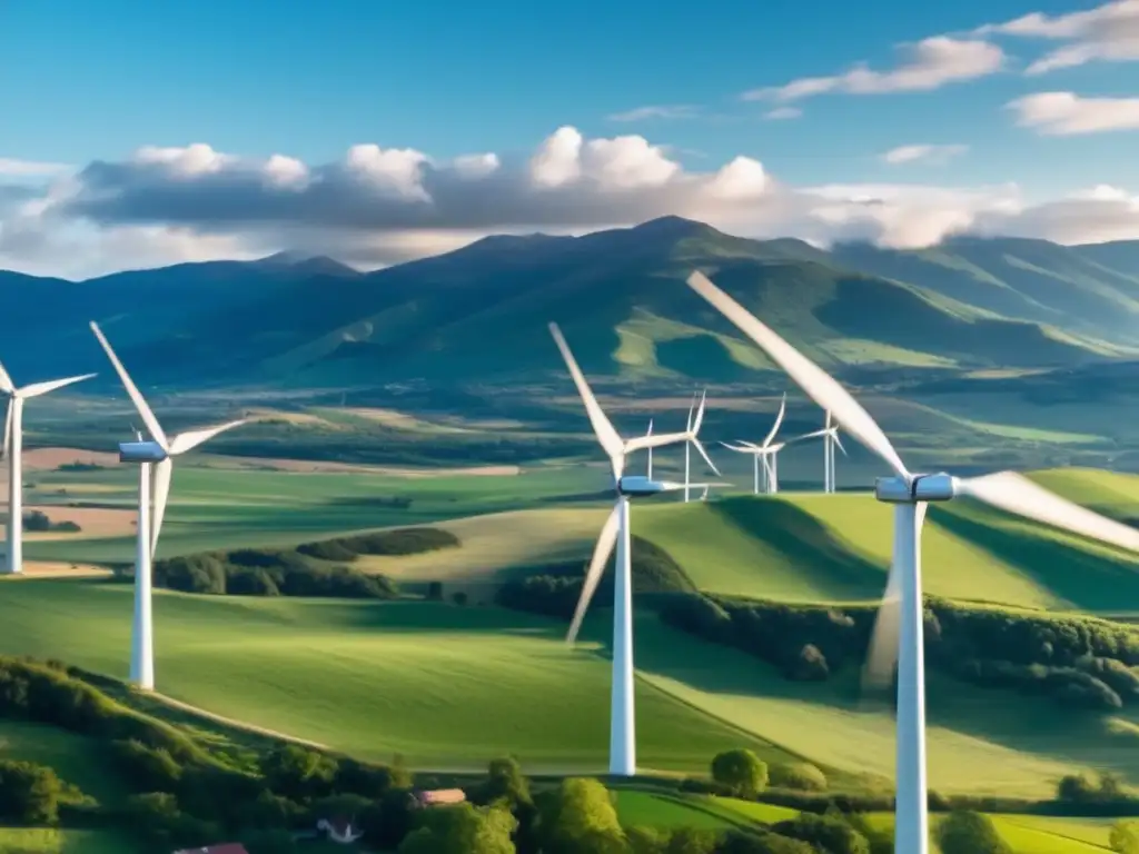 An aerial shot of lush green wind turbines rotating in a field, surrounded by a stunning mountain range in the distance