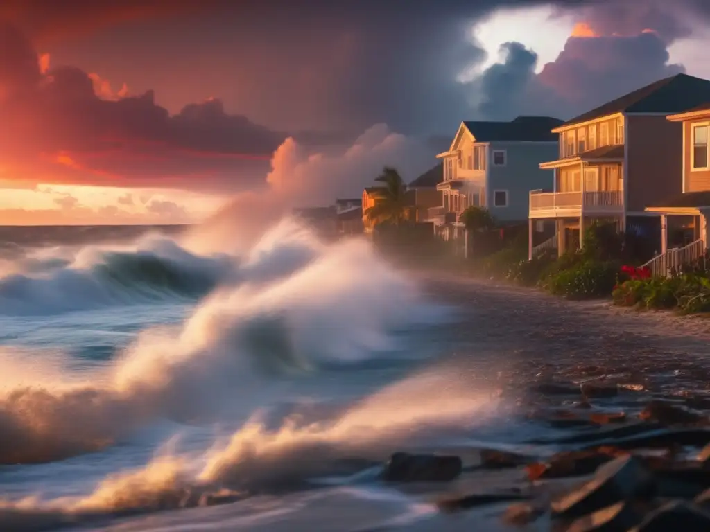 A stunning high-resolution image captures the raw power of a hurricane as it ravages a coastal city at dusk