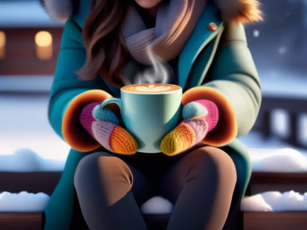 A woman sits alone in the winter's chill, wrapped in a warm coat and hat, holding a steaming cup of coffee close to her chest