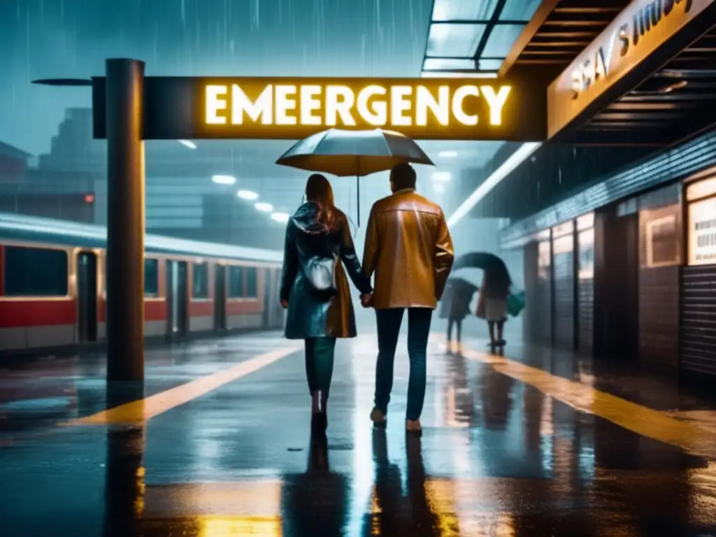 A heartwarming scene of a mother and her child holding hands in a subway station during a storm