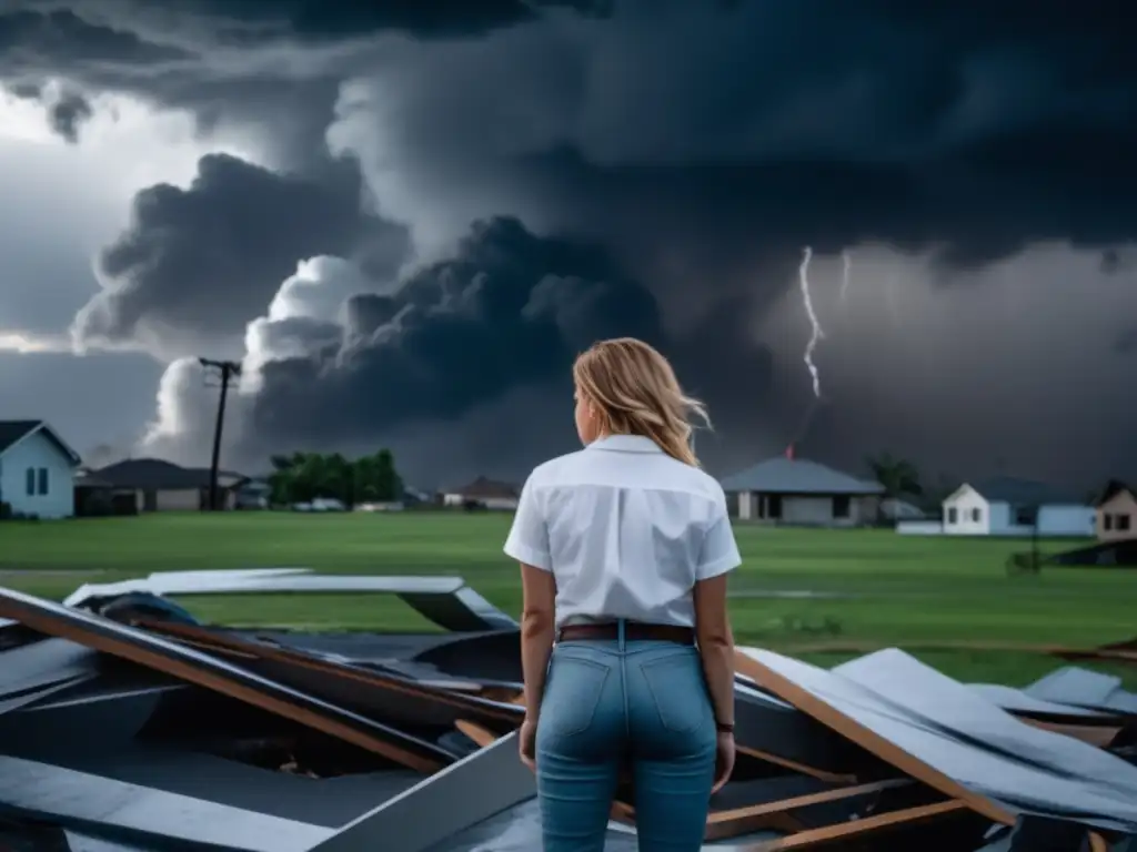 A woman stands in her wreckage, tears streaming down her face, looking out at the devastation of the hurricane-ravaged neighborhood