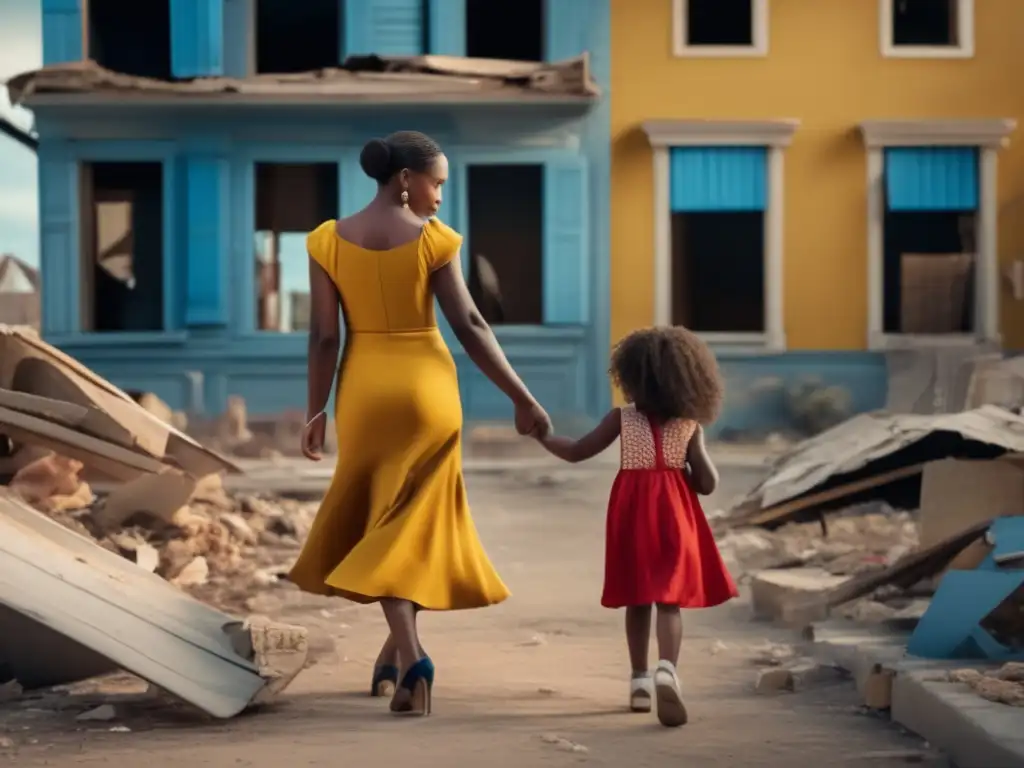 A yellow-dressed woman protectively holds a red-dressed child's hand, standing tall in front of a blue-shuttered, destroyed building