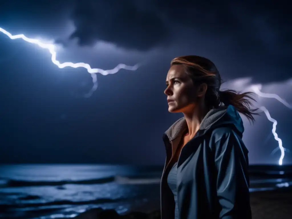 A determined woman holds her ground in a dark room, weathering a hurricane with a flashlight