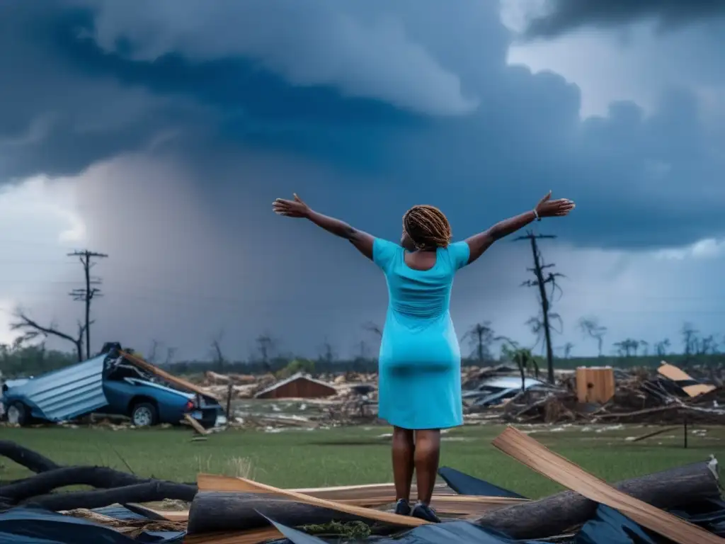 Devastation in a field, trees fallen and debris scattered, sky dark with impending storm