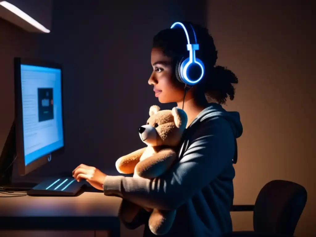 A woman stands resilient in a dimly lit room, clutching a teddy bear and headset to her computer