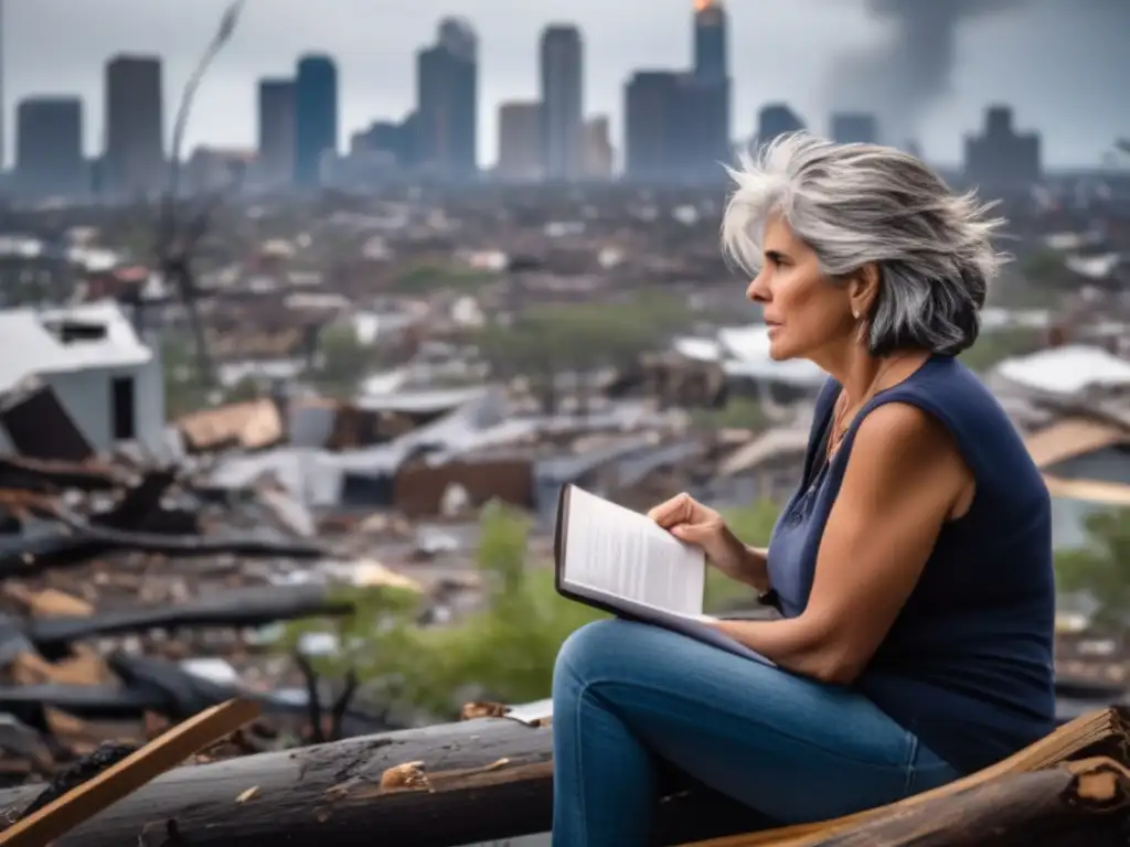 A woman, in her mid50s with graying hair, sits amidst destruction in the foreground of a devastating hurricane-ravaged city