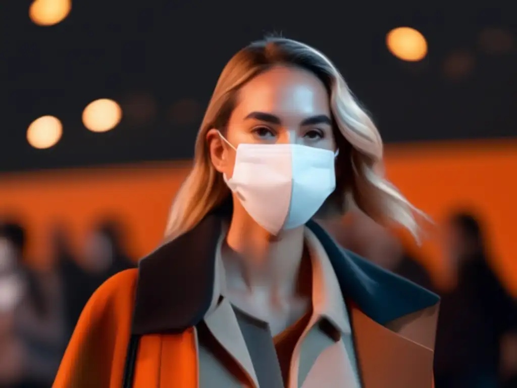 A woman in a white face mask with a subtle bag strap stands alone in front of a warm orange background, hidden amidst a dimly lit crowd