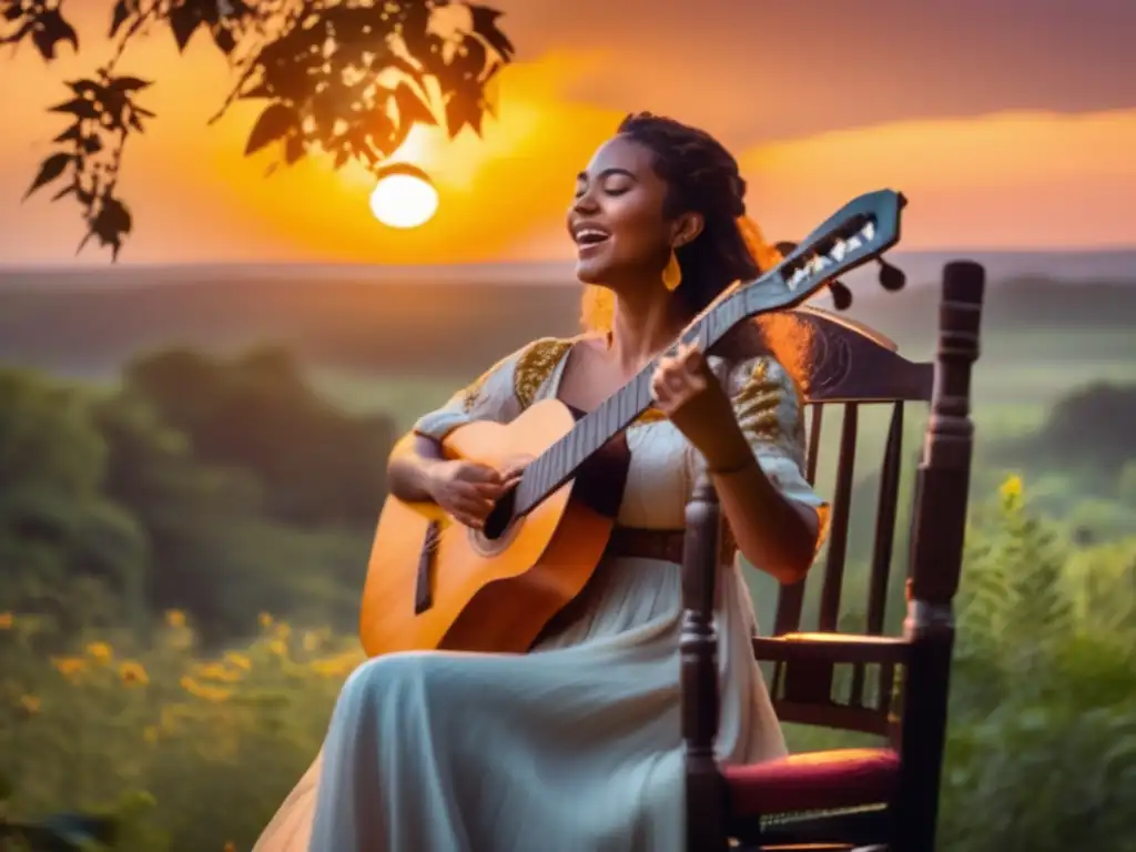 A woman in a rocking chair, surrounded by a lush green forest, holding a lute and singing, amidst a beautiful sunset