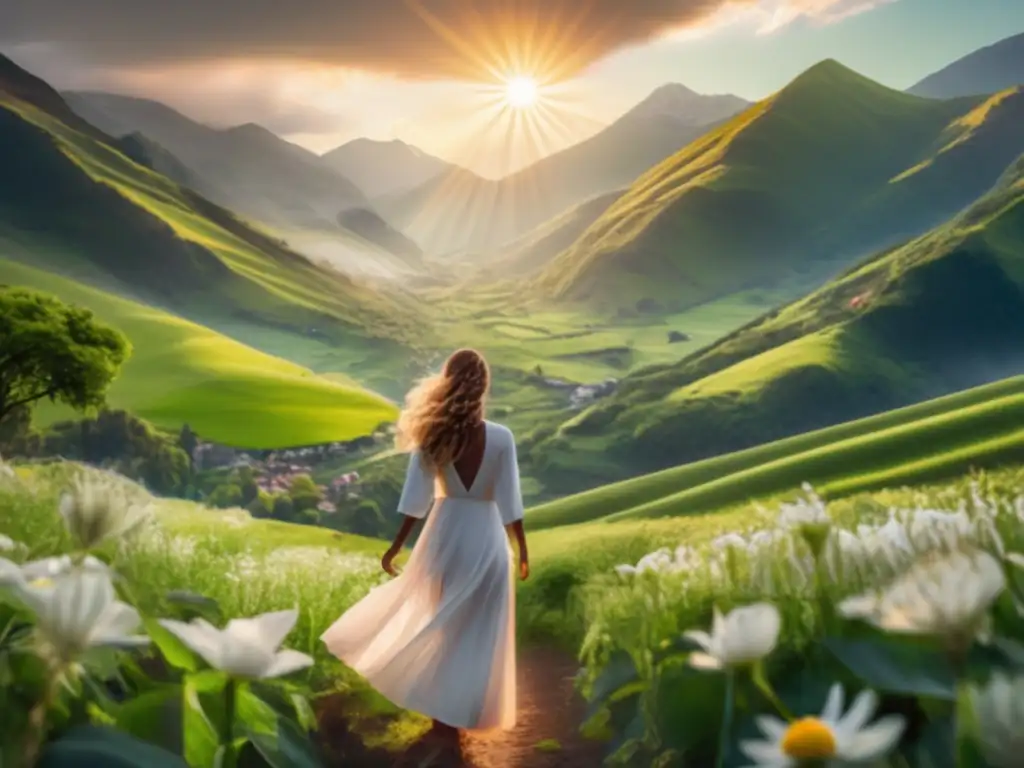 A woman in white stands tall amidst lush green beauty, surrounded by tall mountains and bathed in sunlight