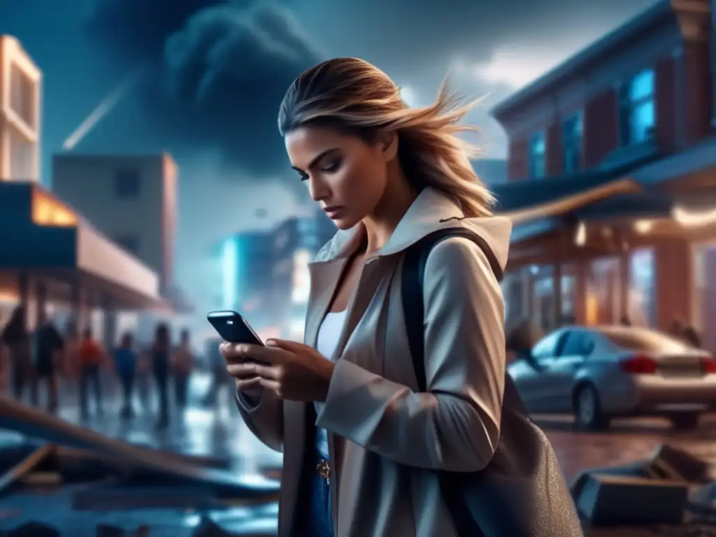 A woman, deeply engrossed in her phone, amidst the wreckage of a storm-torn city