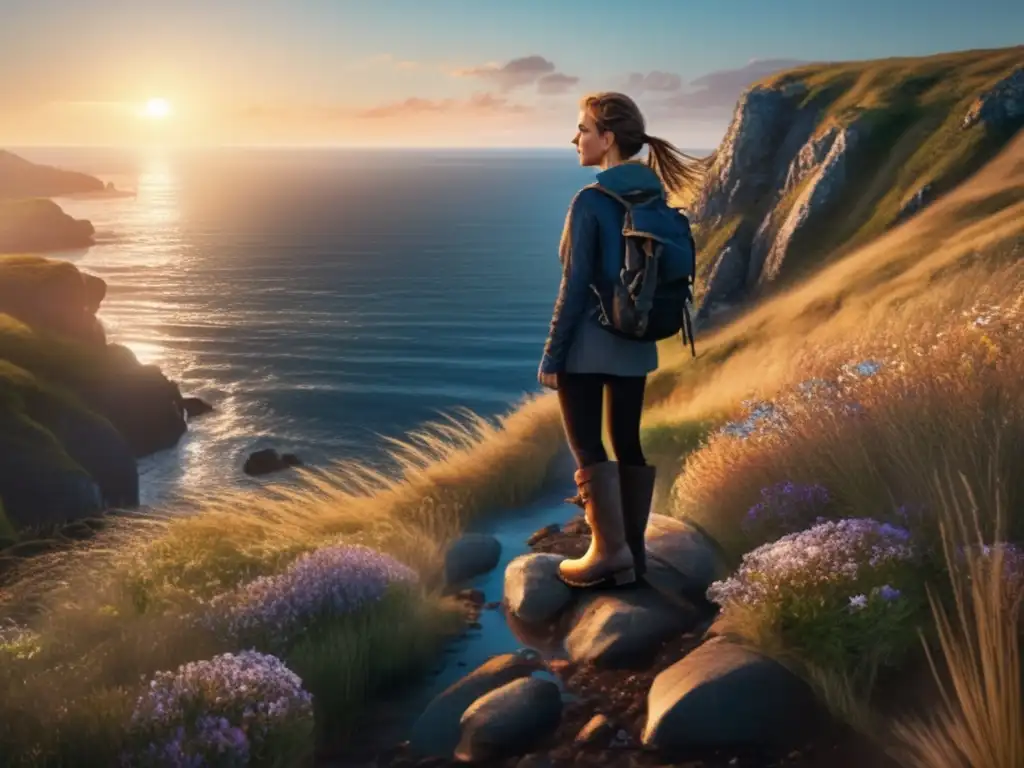 A woman stands atop a rocky cliff, her boots covered in mud as she gazes out at the deep blue ocean