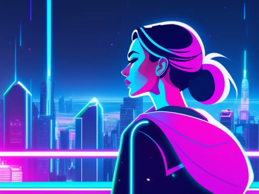 A woman stands contemplatively on a rooftop, overlooking a vibrant, futuristic cityscape