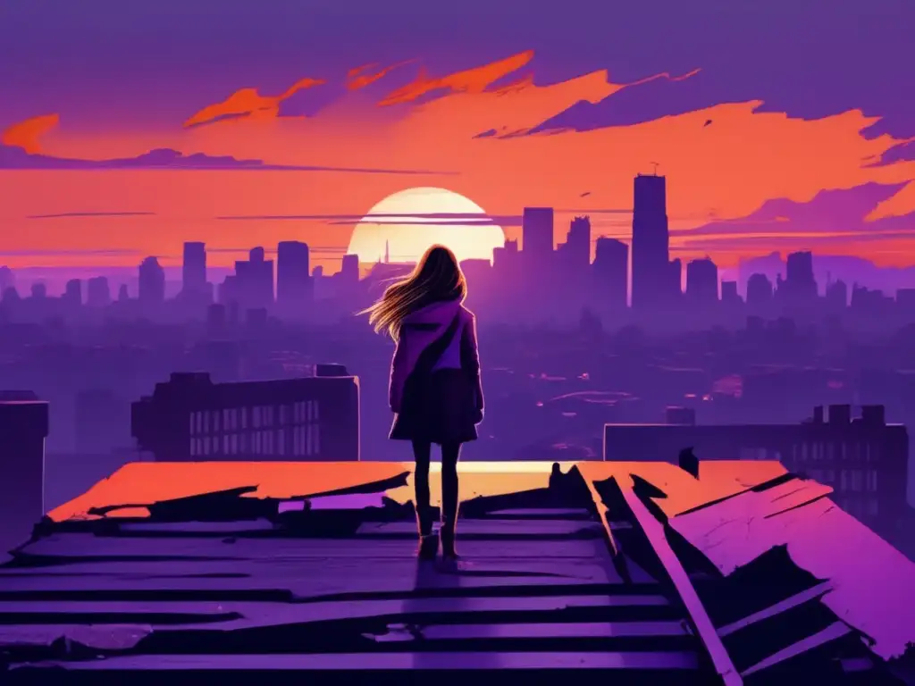 A woman surveys the wreckage of a cityscape before her, the orangepurple sky casting an eerie glow