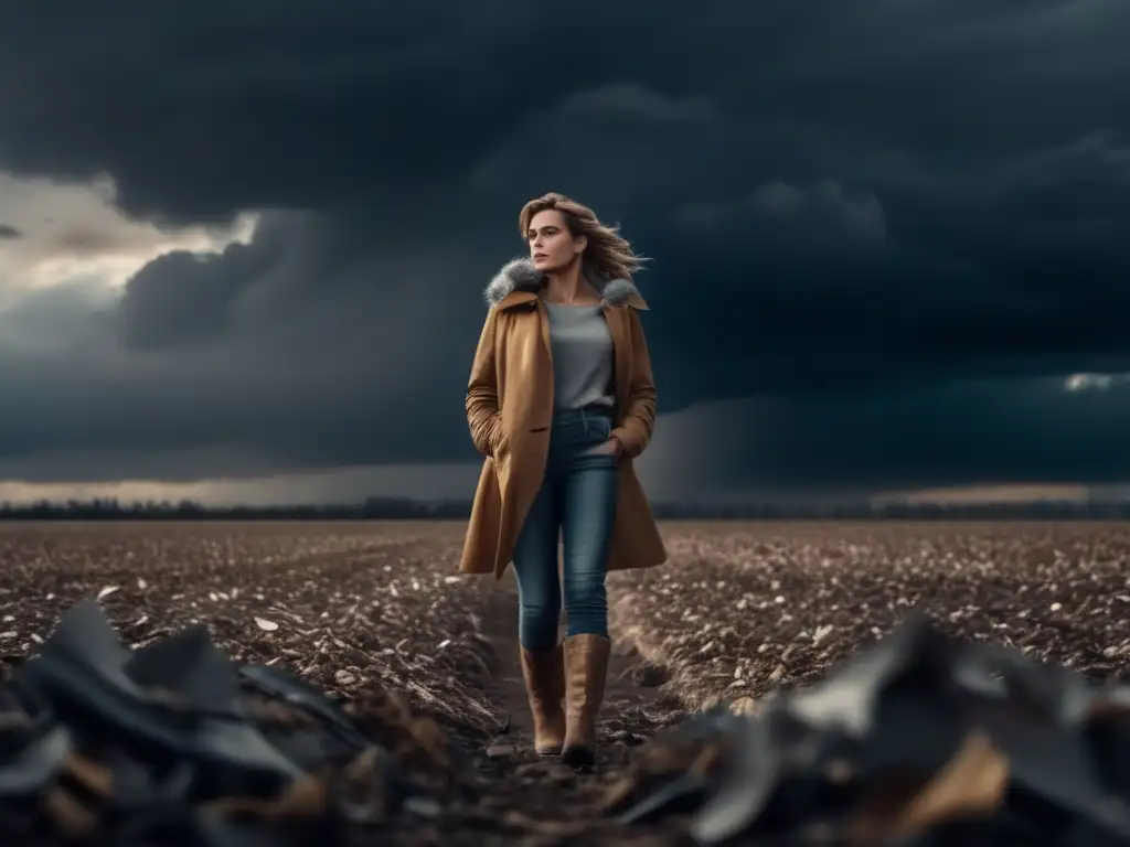 Amidst the ruins of a forgotten town, a lone woman clutches a symbol of hope - a tiny seed, as the ominous sky looms overhead